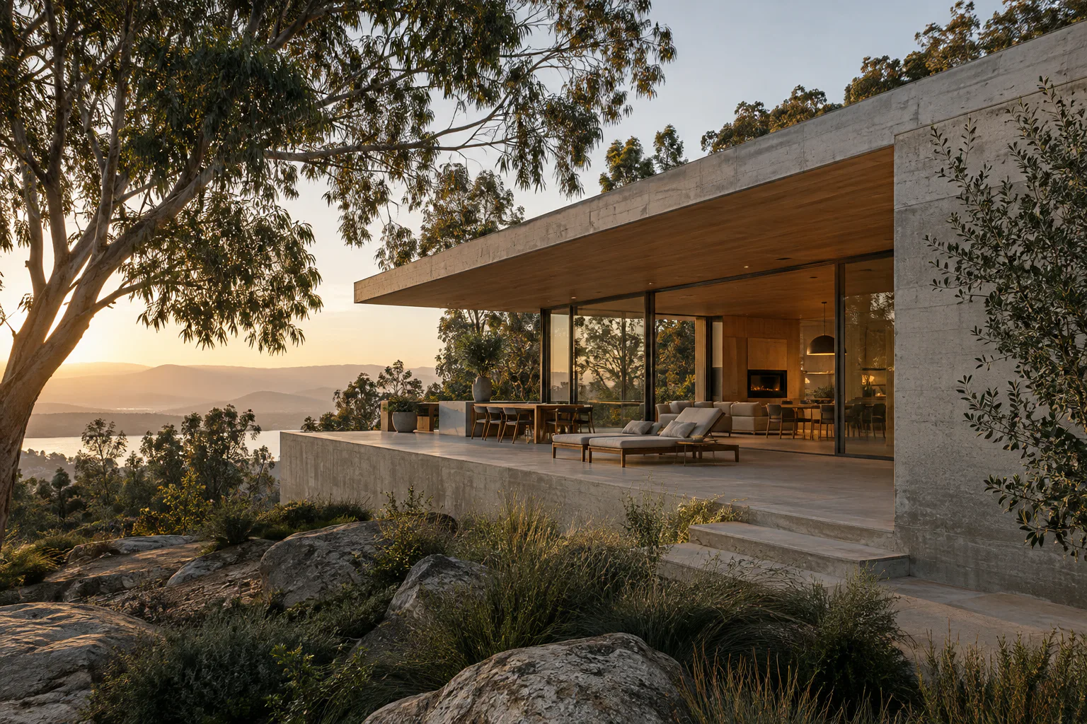 Casa contemporánea de hormigón y madera integrada a un paisaje arbolado.