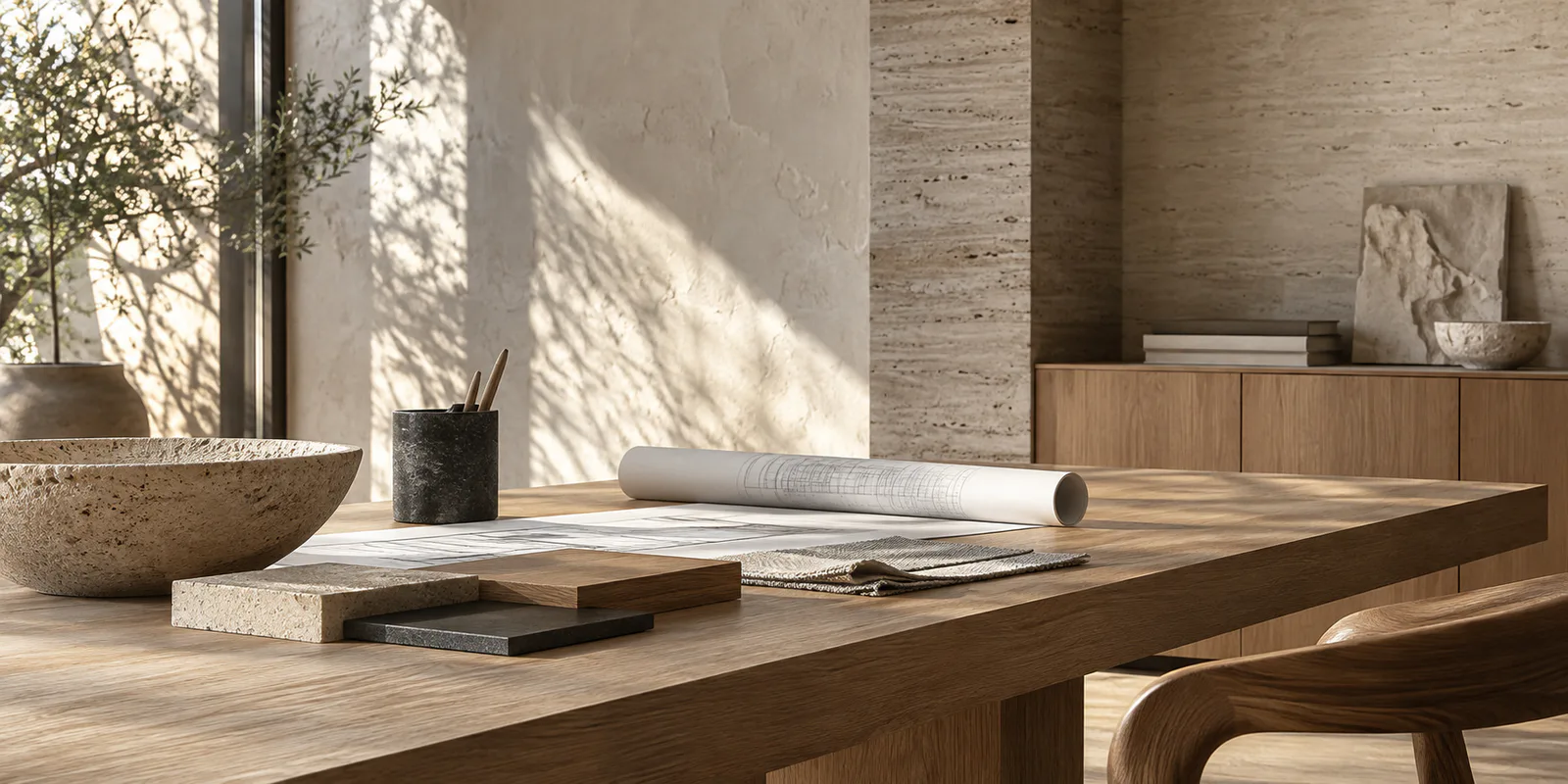 Mesa de estudio con materiales, planos y luz natural.